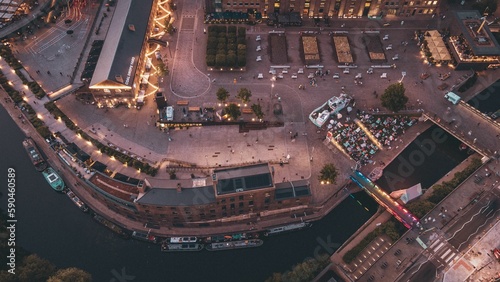 Aerial shot of the canal with boats in Granary Square City park in London