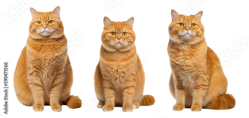 Fat sitting orange cats on a transparent background. Generative AI