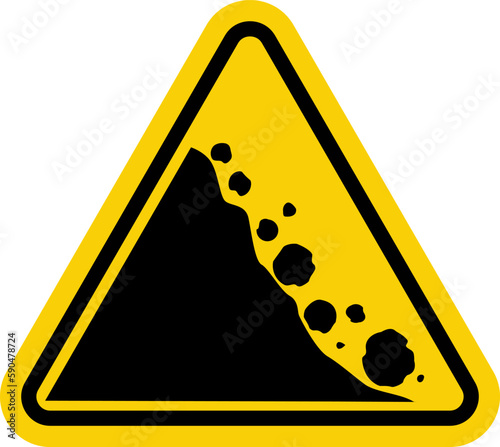 Falling stones sign. Warning road sign falling stones. Yellow triangle sign with a falling stone icon inside. Road sign Caution landslide. The zone of falling stones, the collapse of mountains.