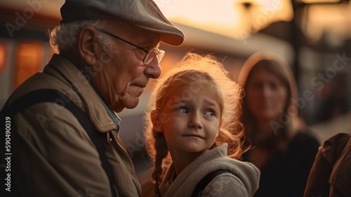 A family gathering to reunite or say goodbye at a train station, with a backdrop of busy commuters, bustling activity and emotion-filled moments. AI Generative