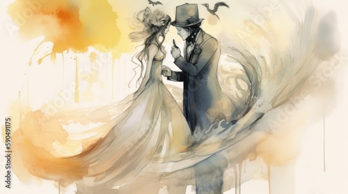Surreal wedding watercolor style illustration of a Bride and Groom, vintage concept art, Generative AI