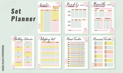 Set planner in beautiful tone platons, weekly, diary, shopping list, periodical for girls, and many assistants. Simple life planners daily organization vector minimalist template