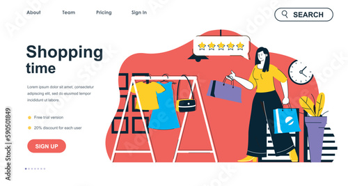 Shopping time concept for landing page template. Woman buys new clothes in boutique. Buyer makes bargain purchases in store people scene. Vector illustration with flat character design for web banner