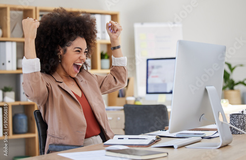 Happy woman winning on computer success, bonus or celebration for news, sales and business cheers in office. Wow, yes and winner or biracial person celebrate, fist pump and reading opportunity on pc