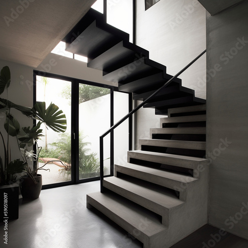 un bel escalier dans une maison design - IA Generative 