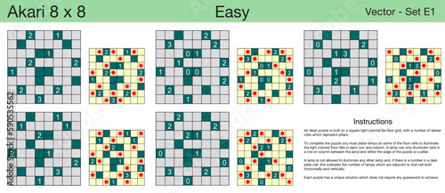 5 Easy Akari 8 x 8 Puzzles. A set of scalable puzzles for kids and adults, which are ready for web use or to be compiled into a standard or large print activity book.