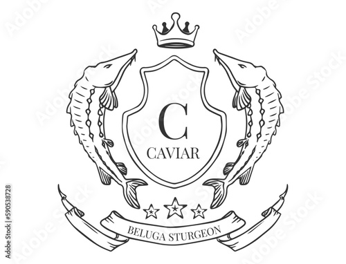heraldic design, coat of arm vector of beluga sturgeon fish for caviar logo design or emblem design