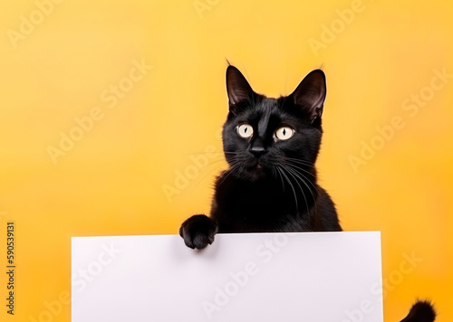 A cute black cat holding blank whiteboard on isolated yellow color background, playful and adorable pet, generative ai