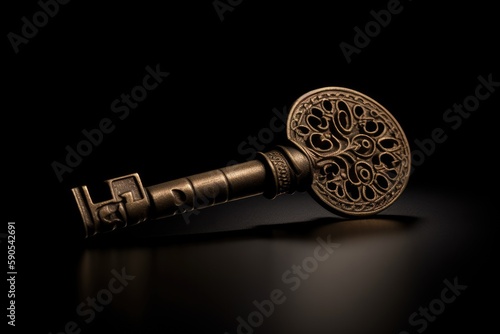 Skeleton key, antique key on black background. Generative AI.