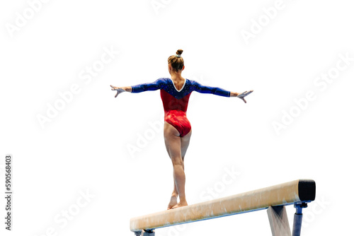 back female gymnast athlete balancing on balance beam gymnastics on transparent background, olympic sports in summer games
