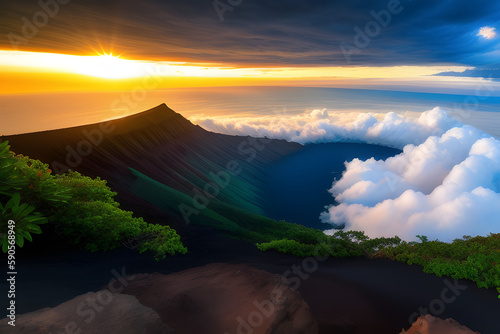 top of the halekakala volcano in Maui, Hawaii during sunset with a sea of clouds