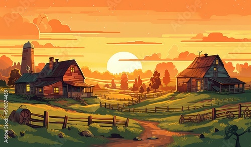 farmhouse in sunlight, farm landscape illustration