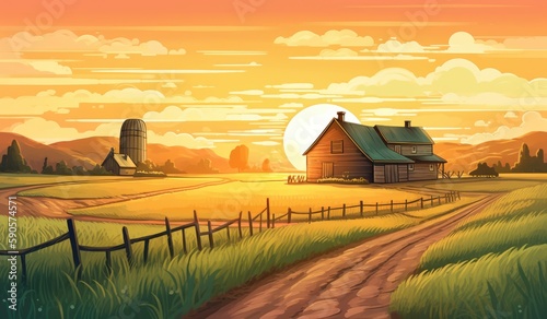 farmhouse in sunlight, farm landscape illustration