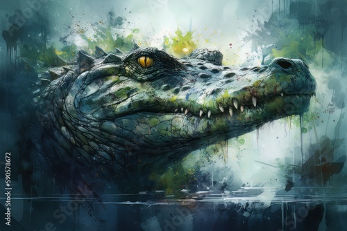 Close up of an alligator in a swamp. Generative AI