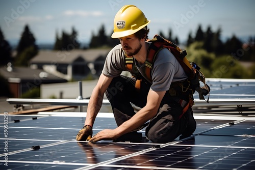 A technician installing the solar panels at roof top of home and home office ,concept of economic energy and cost saving ,own small business. Photovoltaic Panels. Generative Ai.