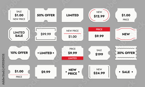 Products price stickers. Price tag mockup with date code, supermarket blank stickers for sale expiration mark, grocery product id. Vector set. Badges for shopping of various shapes