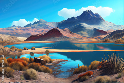 Bolivia landscape with beautiful lake and mountains. Generative AI Art. Beautiful view.