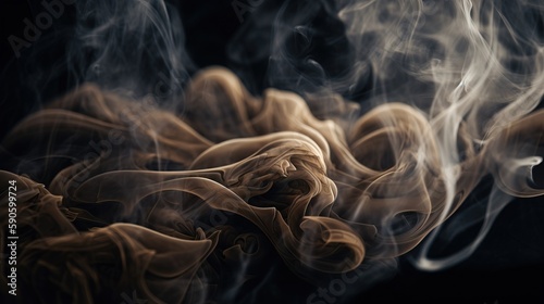  a close up of smoke on a black background with only the smoke visible to the right of the frame and the smoke is brown and white. generative ai