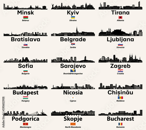 Eastern and Southern Europe cities silhouettes skylines vector set