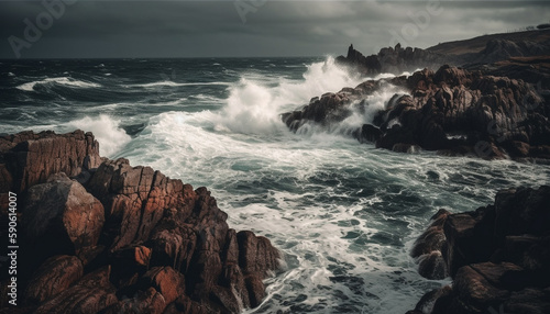 Breaking waves crash against rugged coastline rocks generated by AI