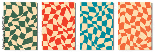Chessboard retro 60s 70s 90s texture vector abstract geometric square background blue, red and green or yellow wallpaper vintage illustration set