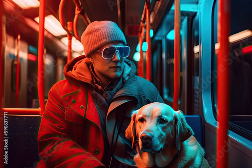 Guide dog accompanies blind man during bus ride on trip around city, created with Generative AI