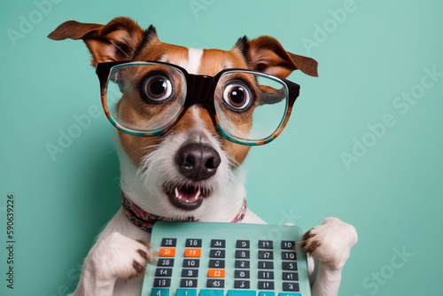 cute jack russell terrier dog in glasses with surprised eyes counting taxes, created with Generative AI technology