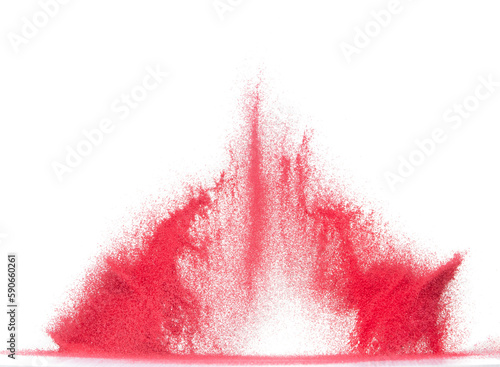 Small size red Sand flying explosion, blood sands grain wave explode. Abstract cloud fly. Red colored sand splash throwing in Air. White background Isolated high speed shutter, throwing freeze stop