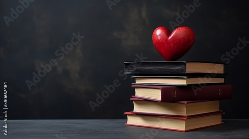 Bibliophile, book lover concept. Stack of books and red heart with copy space for text Generative AI