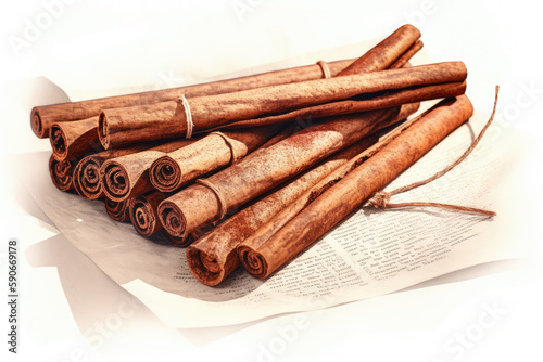 Cinnamon sticks on a sheet of paper isolated on white background. Vintage risograph style. Generative AI