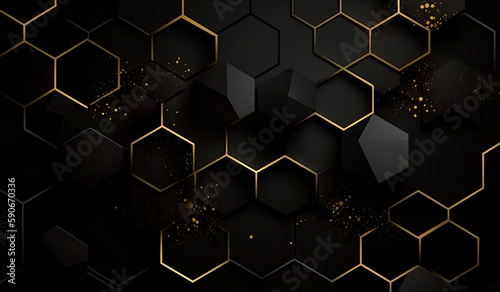 black hexagonal background with yellow hexagons with gold lines. Generative AI. 