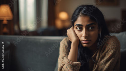 Unhappy depressed Indian woman holding head in hands, sitting alone on couch at home, stressed young female worried about bad relationship Generative AI