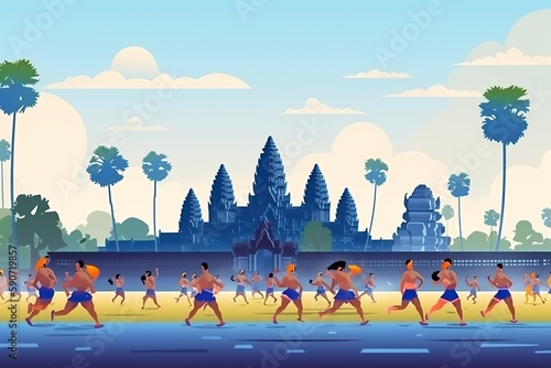 Conceptual image of Sport event for SEA game in Cambodia, with Angkor Wat as background , Generative AI