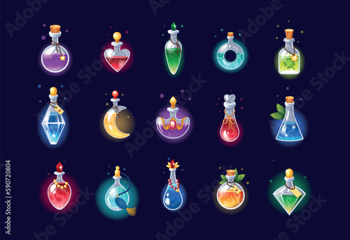Magic potion bottle, poison vial different forms. Witch, wizard or alchemist glass pots, apothecary chemistry icons. magic chemistry luck and love beverage. Vector tidy cartoon isolated illustration