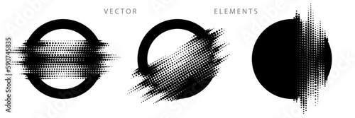 Set of Circular Graphic Elements. Glitch Halftone Texture. Vector Monochrome Illustration.