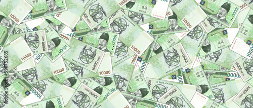 Financial Korean illustration. Seamless pattern. Randomly scattered paper banknotes of South Korea, denomination of 10000 won. Wallpaper or background.