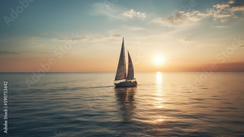  a sailboat is sailing in the ocean at sunset or sunrise or sunset on the water with the sun setting behind it and the horizon. generative ai