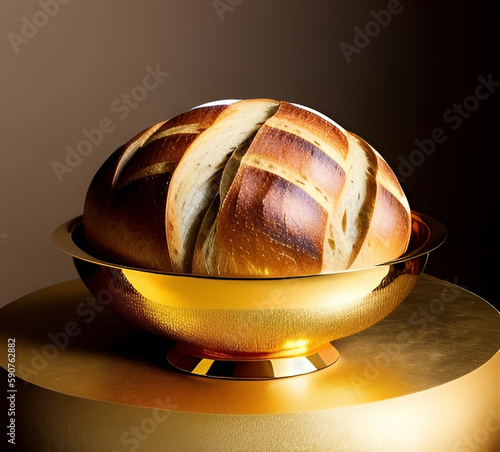 loaf of bread portrait, gold table, generative ai, portrait of bread in a gold bowl, studio lighting, 64K, UHD