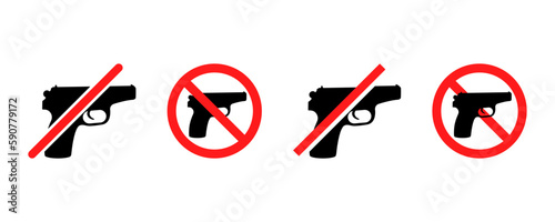 Set of no gun vector icons. Red prohibition signs with firearm or weapon. Ban handgun. Vector 10 Eps.