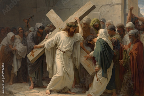  Jesus bearing the cross he will die on, generative AI