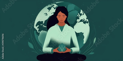 Woman meditating on the future of the earth, Generative AI 