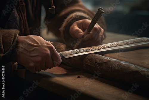 Viking in his workshop building a weapon, Generative AI