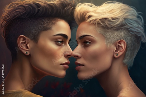 androgyne blond and brunette. Generative AI