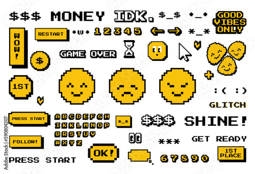 Pixel Arcade Icons, Shapes. Yellow Retro Game Y2K 90s Cursos, Smiley, Hourglass, Letters, Alphabet, Game Over, Pacman Icons. (Full Vector)