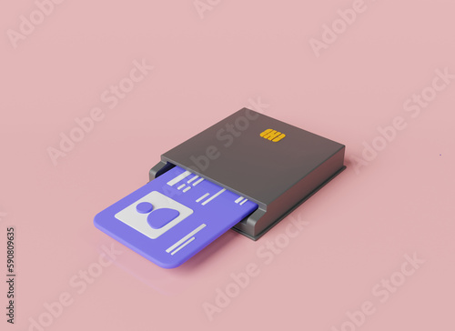 Smart card reader with Id card on pink background. Chip card reader, identity verification, Secure transaction, person data. 3d icon rendering illustration. cartoon minimal style