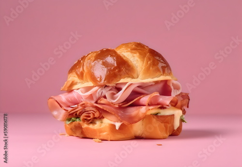 stuffed ham sandwich croissant on pink background, made with generative ai