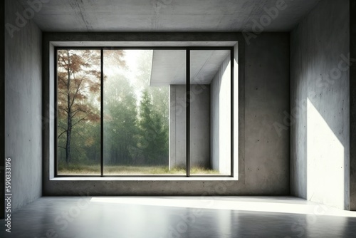 Empty room with big window and forest view