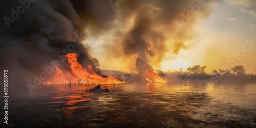 Incendio en el mar, exposición petrolera emergencia climática, desastre natural, creado con IA generativa