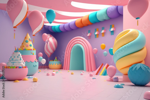 Fiesta de cumpleaños con globos aesthetic, evento infantil, Fiesta en un castillo hinchable, guardería, creado con IA generativa