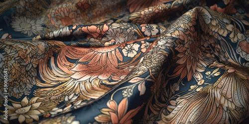 Tela de lujo, pañuelo de seda con estampado japones, creado con IA generativa
